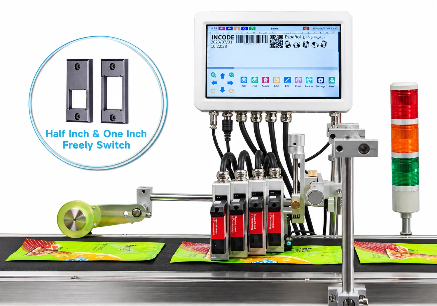 Impresora Inkjet industrial INCODE G0510 con pantalla táctil y cabezales de impresión para codificación automática en líneas de producción.